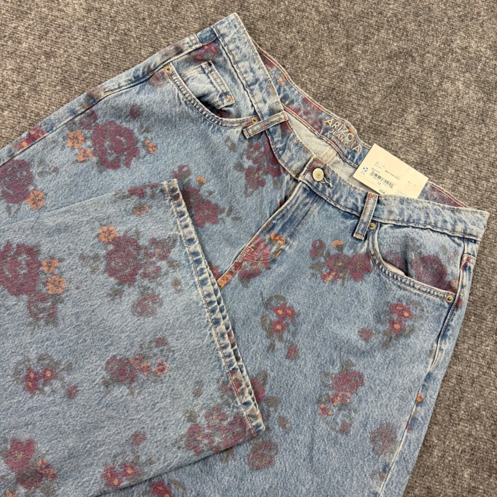 Arizona Jean Co Baggy Jeans 12 Blue Floral Super Low Rise Denim Womens